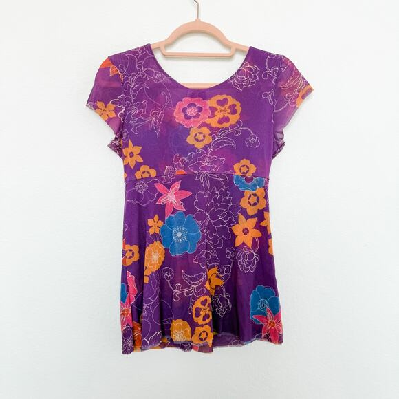 Y2K Sweet Pea Floral Mesh Babydoll Top Purple Size M Boho Fairy Indie Sleaze - Picture 6 of 7